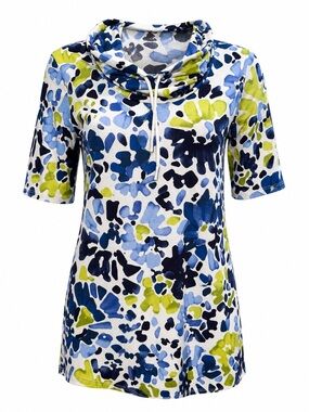 Pure Essence Cowl Neck Top Blue Print XS Extra Small NWT